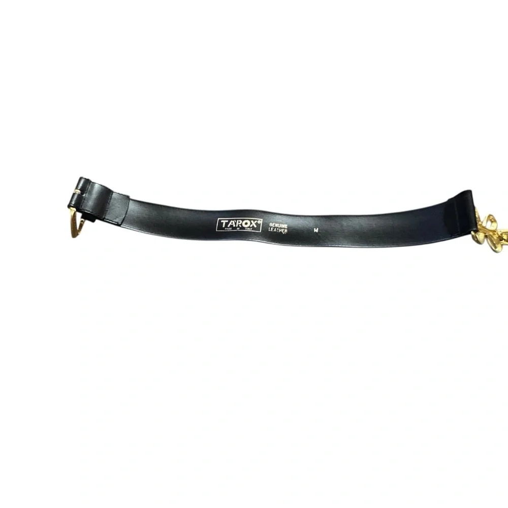 Women’s Tarox Size Medium Genuine Leather Black Belt w Gold Bows/Spiral Accents.